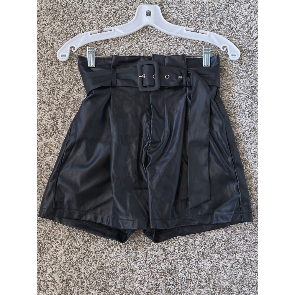 Women's S Black Faux Leather Paperbag Waist High Rise Belted Shorts - Picture 2 of 16